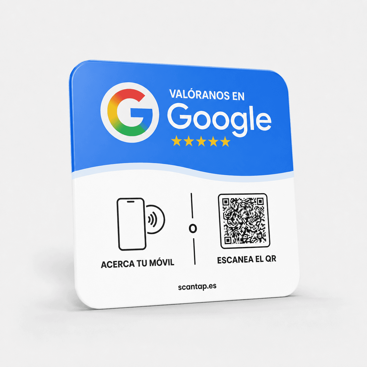 Placa ScanTap en español con NFC, QR y el dominio scantap.es